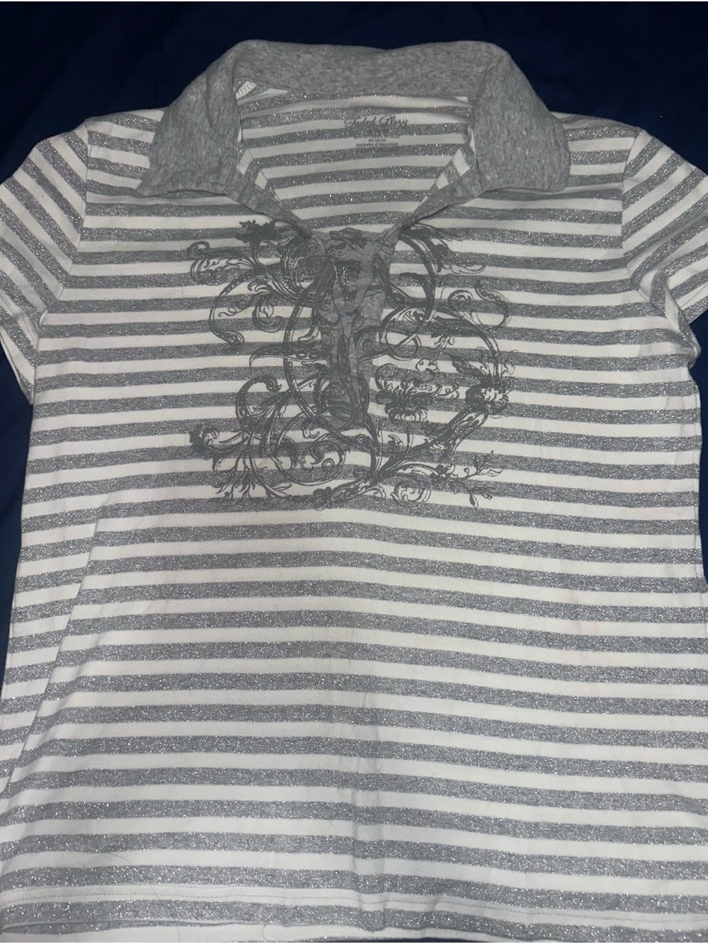 Faded Glory Gray & White Striped Polo with Script Graphic